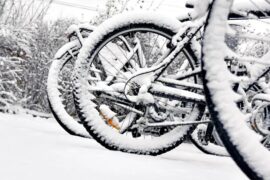 close up of bike tyres in the snow
