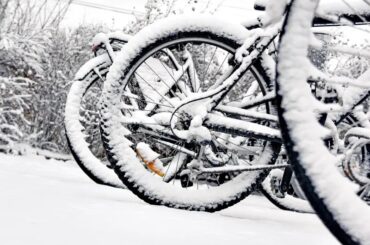 close up of bike tyres in the snow